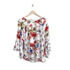 Solitaire Blouse Bell Sleeve Floral Vented Back Pullover Women's M Lace Collar
